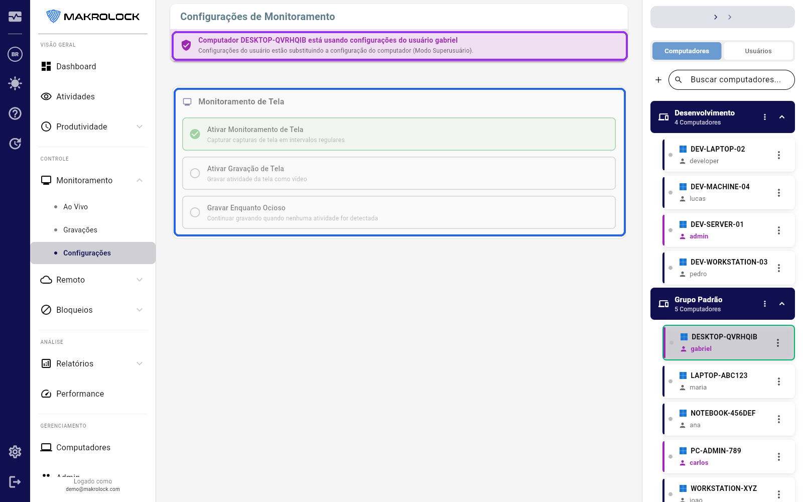 GIF animado mostrando os indicadores de status (online/offline/ocioso) na lista de computadores.