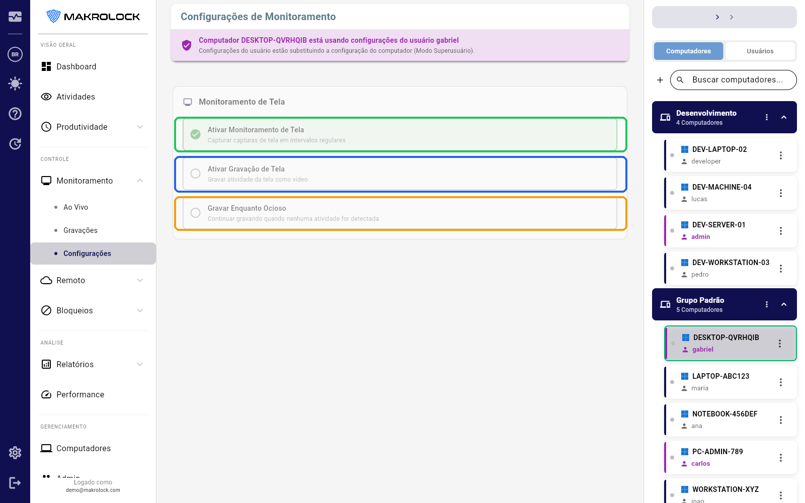 Print da tela de configuração com abas (Captura, Gravação, Retenção, Horários).