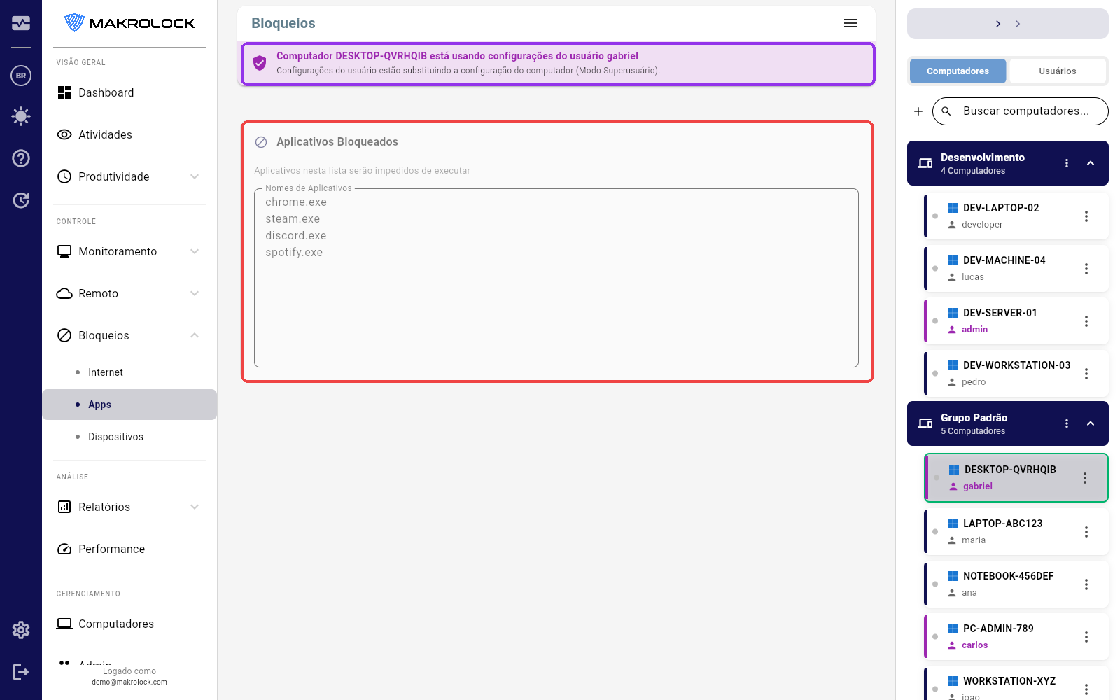 Print da tela Bloqueios > Aplicativos com a lista de regras ativas.