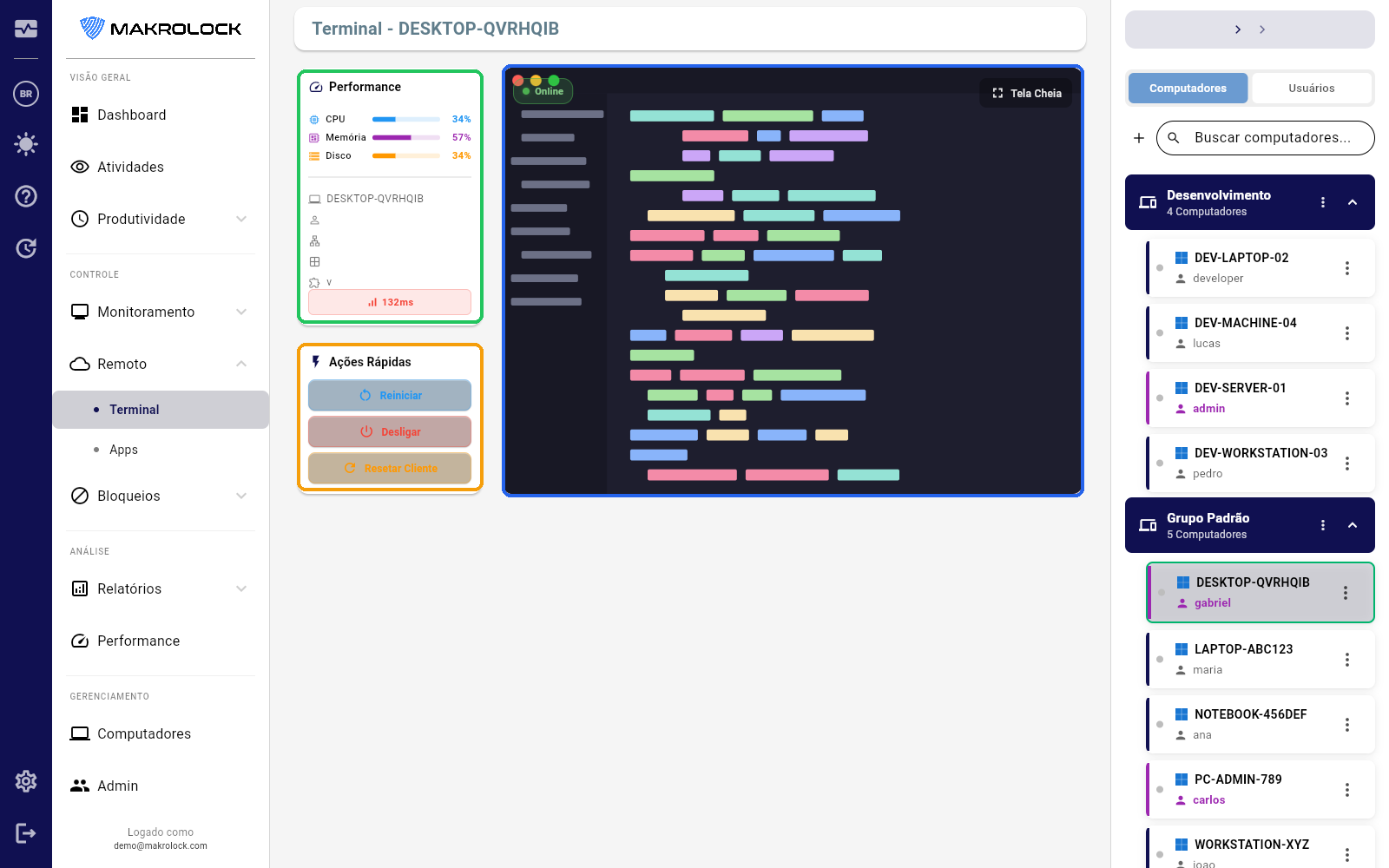 Print da interface de terminal remoto com saída do comando executado.