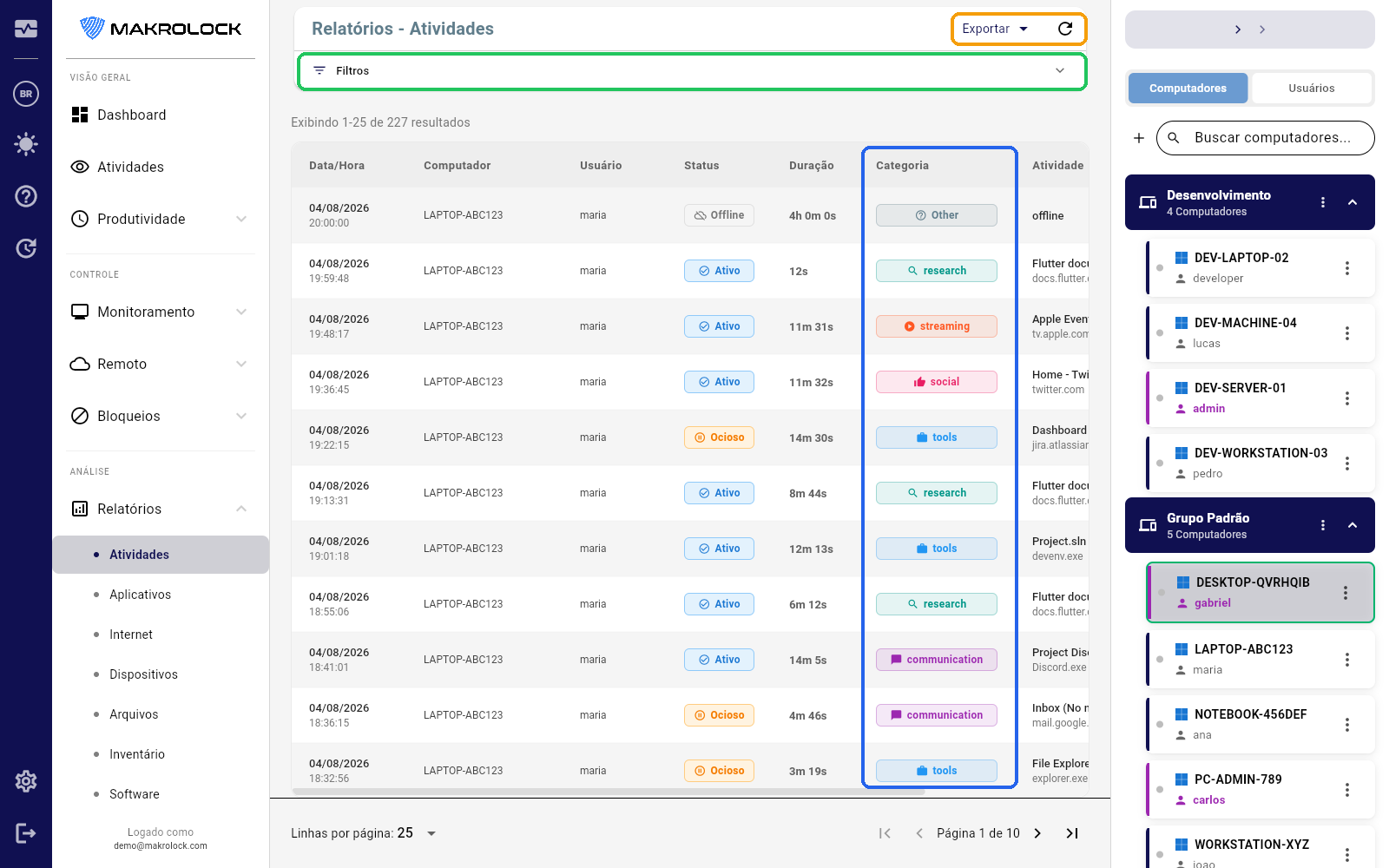 Print do menu Relatórios expandido, mostrando os tipos de relatório disponíveis.