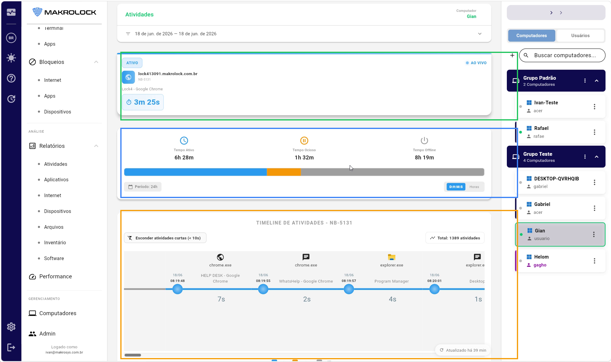 Topo da aba Atividades com card Ao Vivo, totais de tempo e timeline