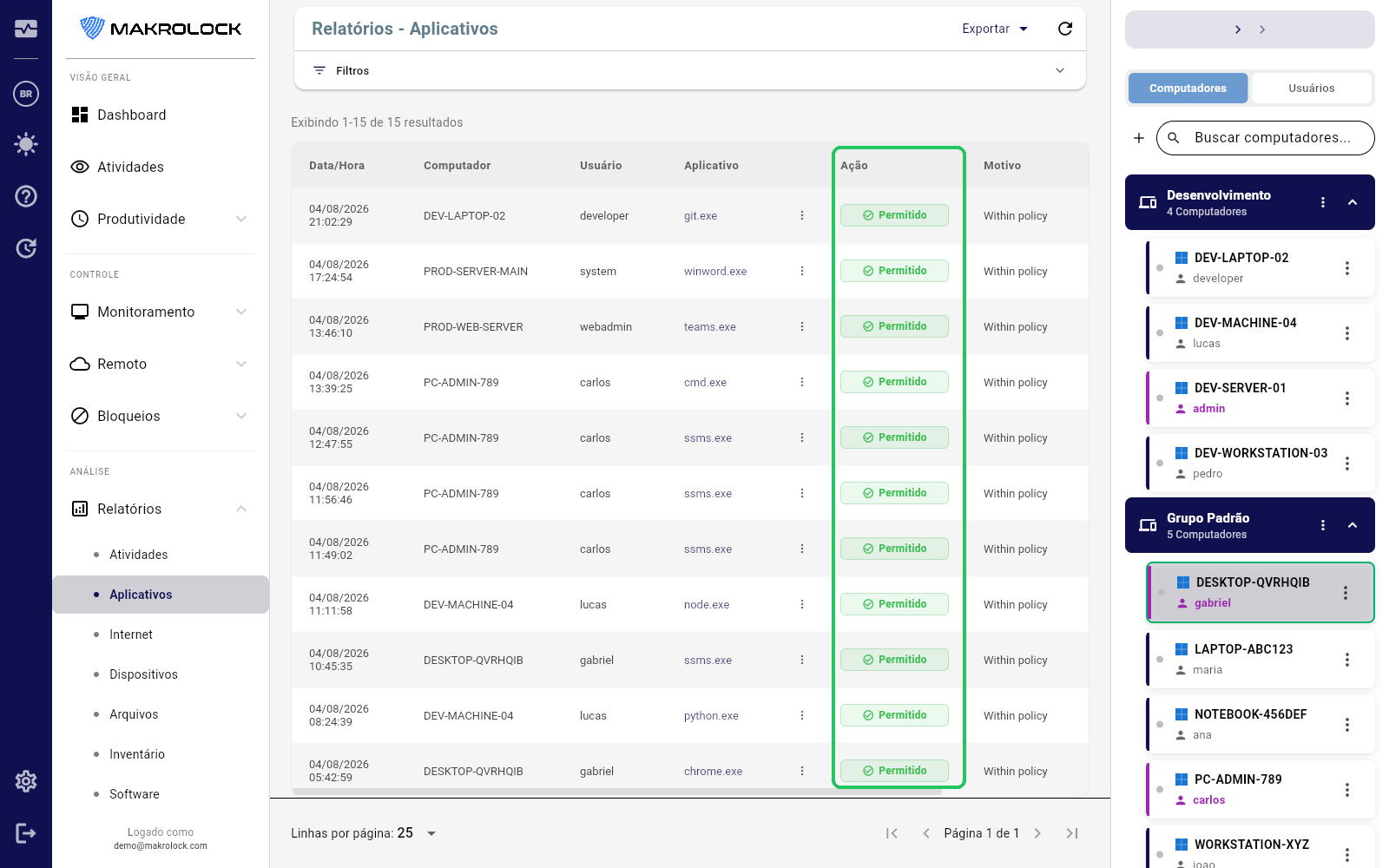 Print das opções de exportação e agendamento de envio de relatórios.