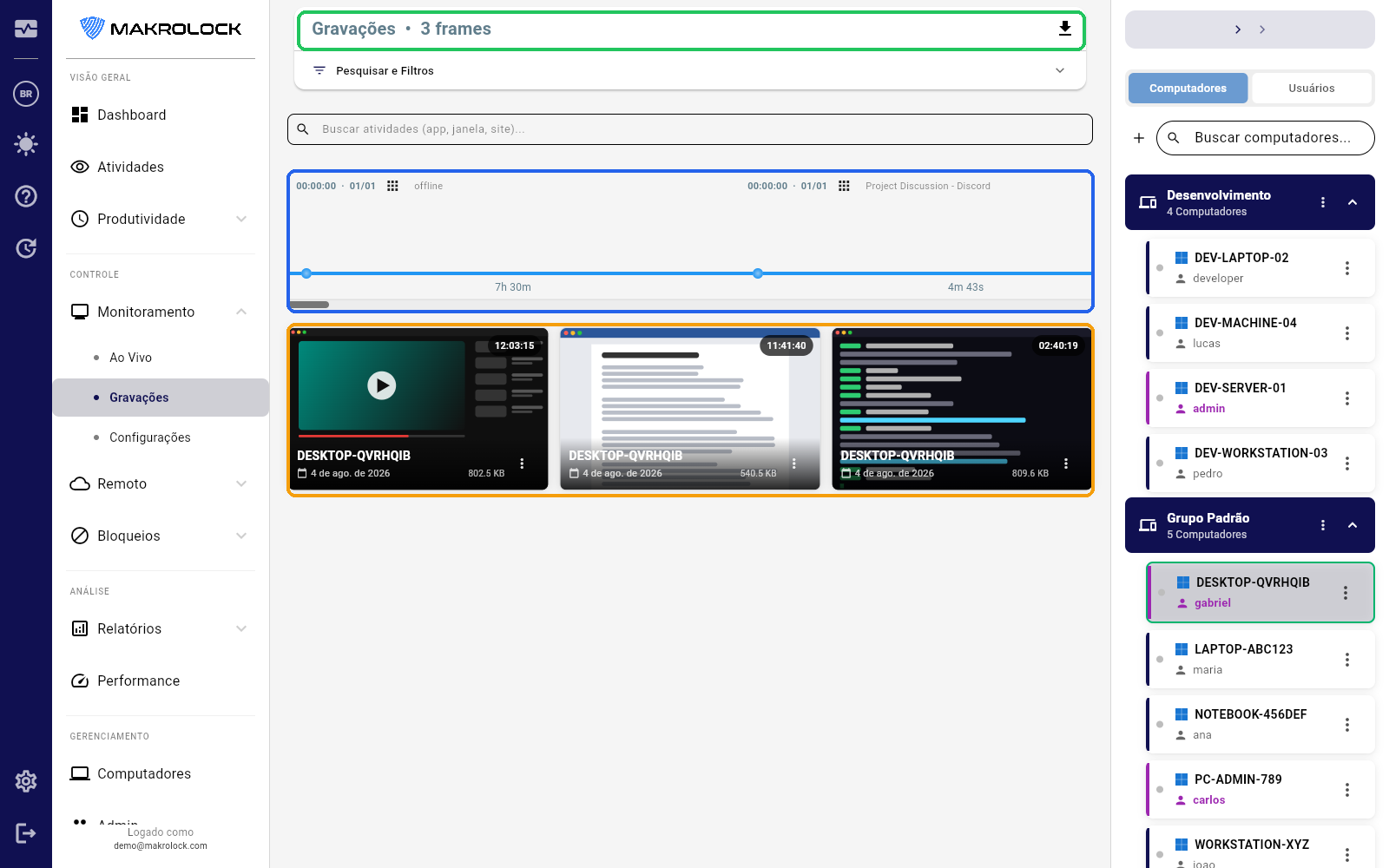 Print do navegador de gravações com filtros por data, usuário e computador.