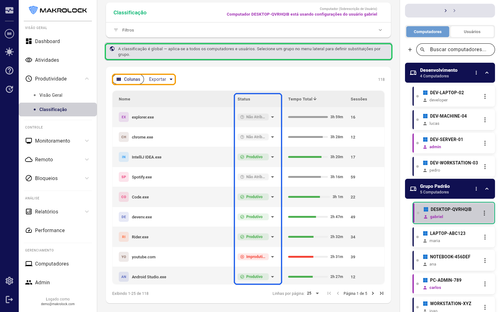 Print da tela de classificação listando aplicativos/sites e seus rótulos.