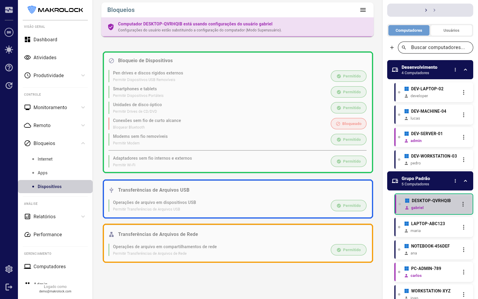 Print da tela Bloqueios > Dispositivos com tipos de mídia e ações disponíveis.