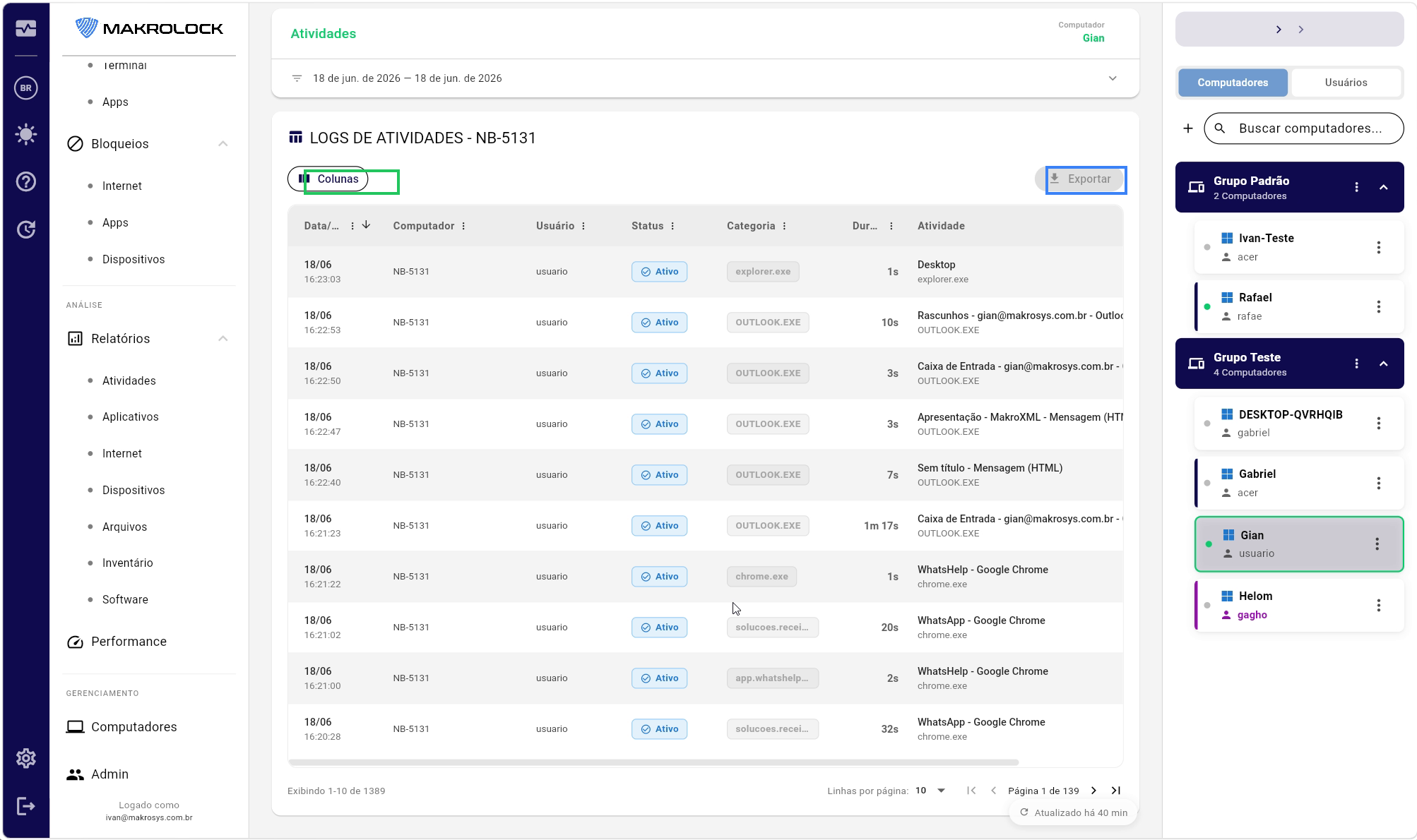 Tabela de logs com botões de Colunas e Exportar destacados