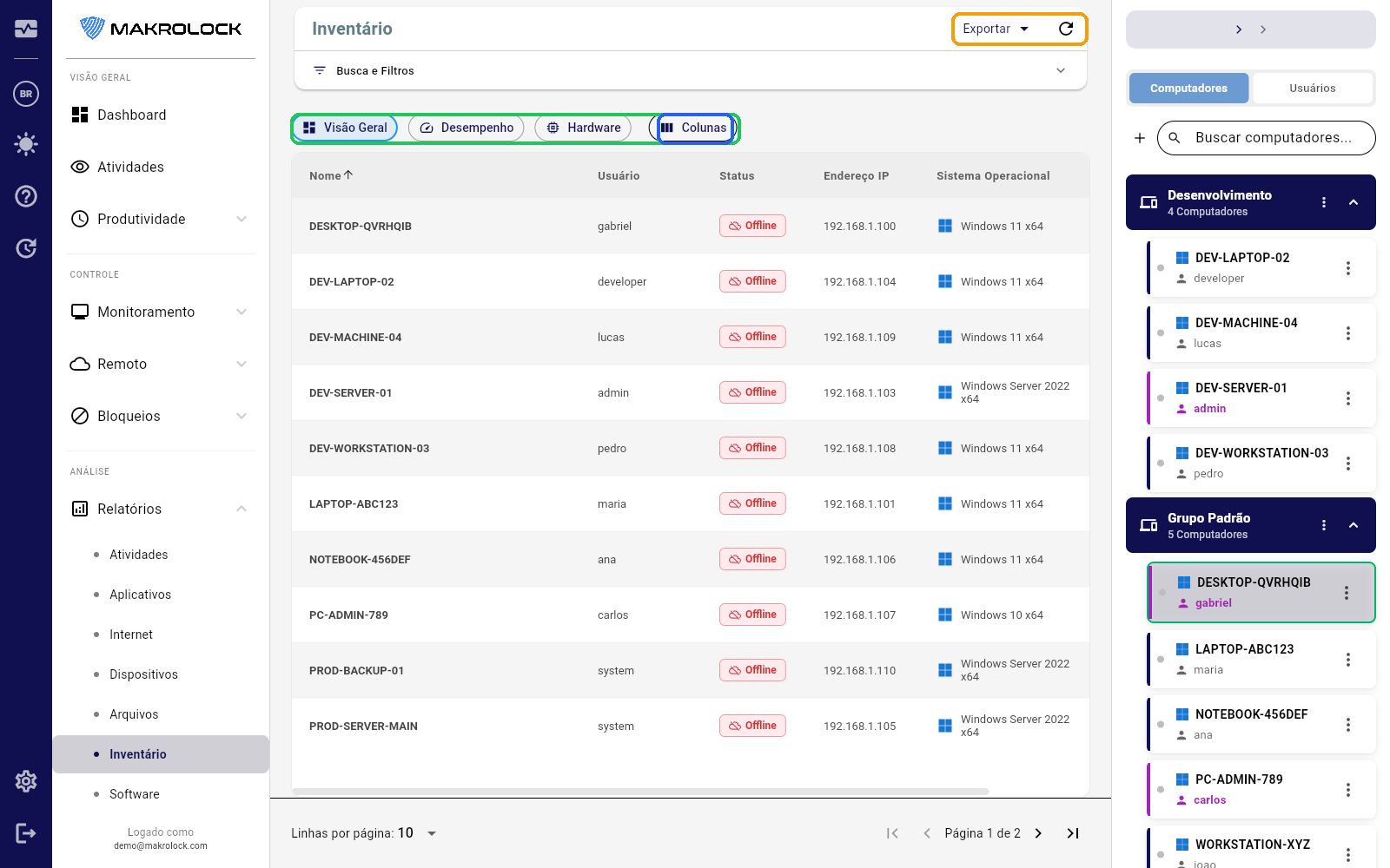 Print da tela de inventário com filtros por fabricante e sistema operacional.